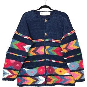 EST. Large World Folk Arts Imports 100% Wool Cardigan Sweater Colour Block Knit